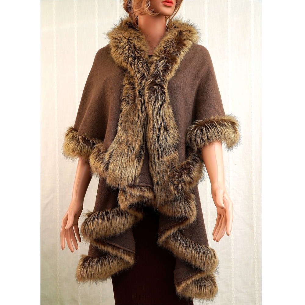 Gianfranco‎ Rossi Brown Knit Cape Faux Fur Trim Tiered Wrap